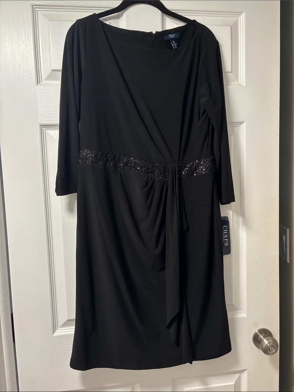 Chaps Black Long-Sleeve Embellished Waist Draped Dress